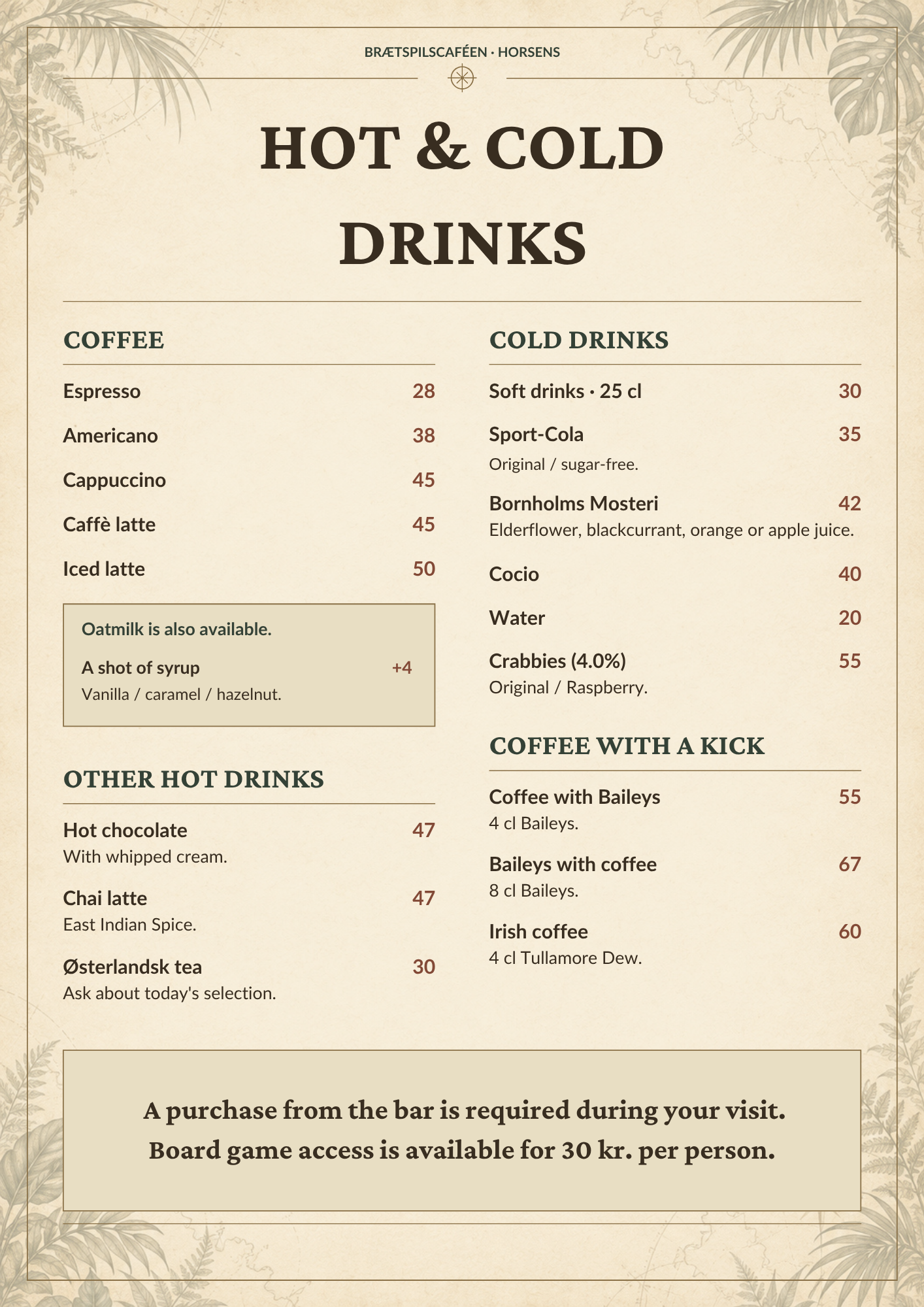 English menu - hot and cold drinks