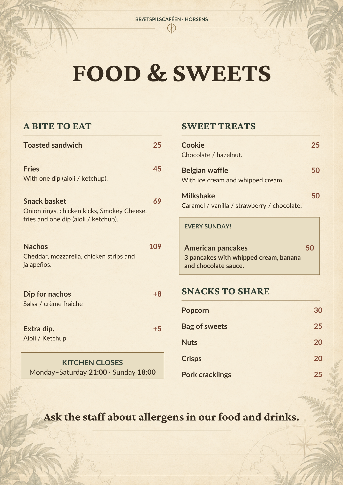 English menu - food and sweets