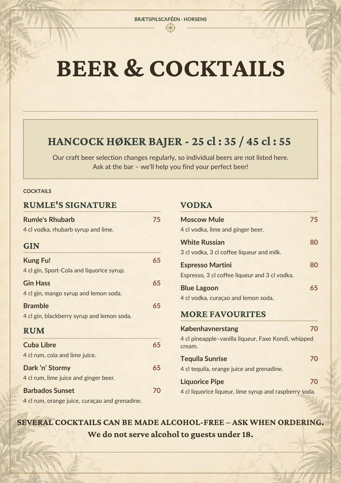 English menu - beer and cocktails